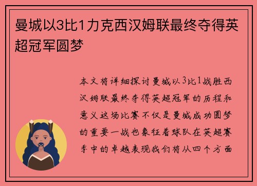 曼城以3比1力克西汉姆联最终夺得英超冠军圆梦